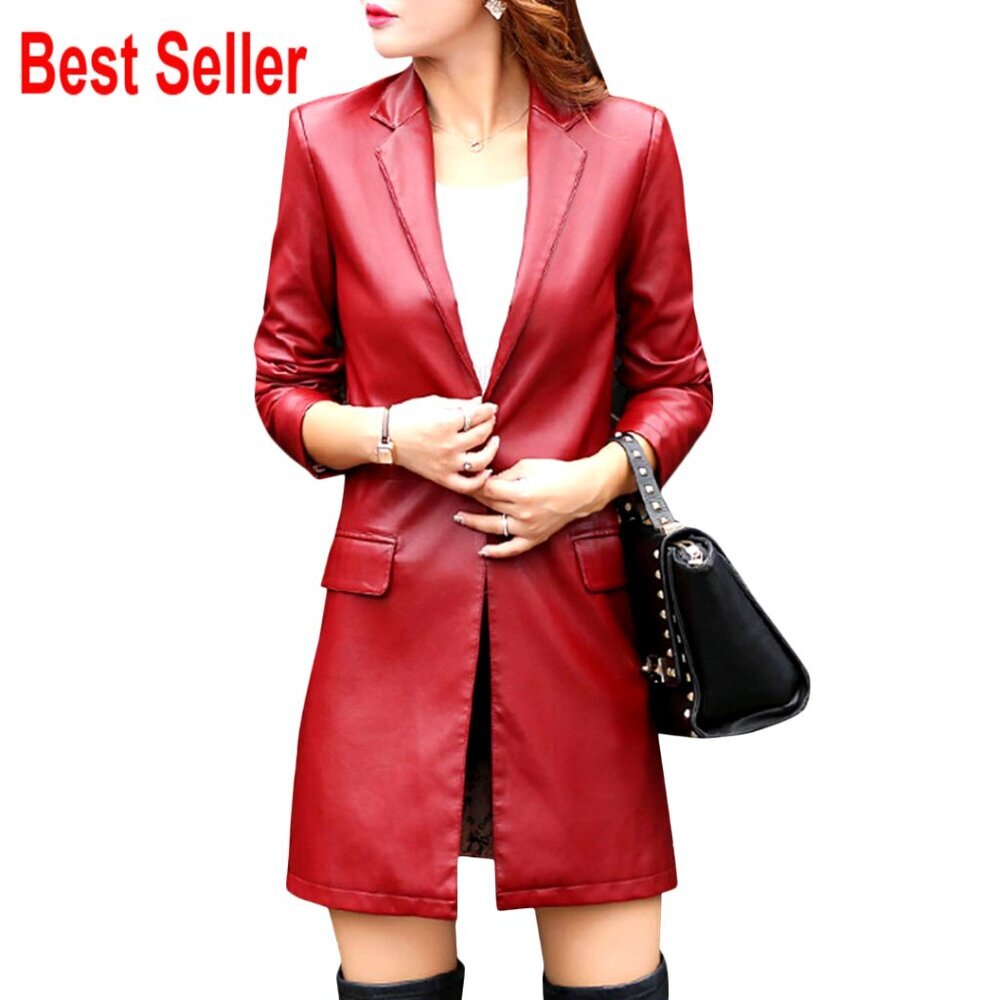 PU Leather Trench Coat with Turn Down Collar and Flap Pockets